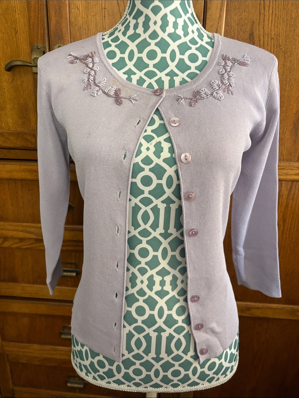 bebe Lavender Floral-Embroidered Crewneck Cardigan